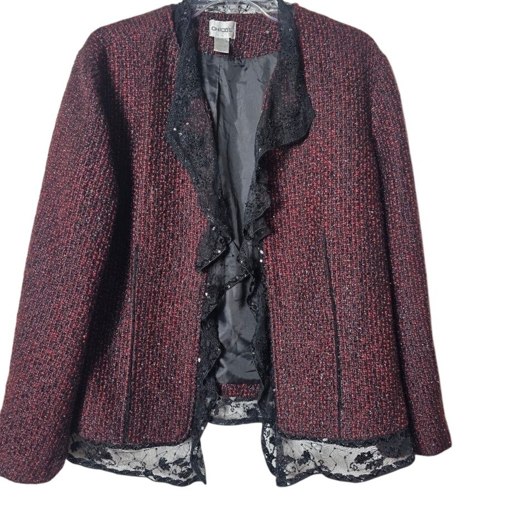Chicos Size M Black Red Tweed Blazer Sequin Lace Trim Collarless Jacket Blazer